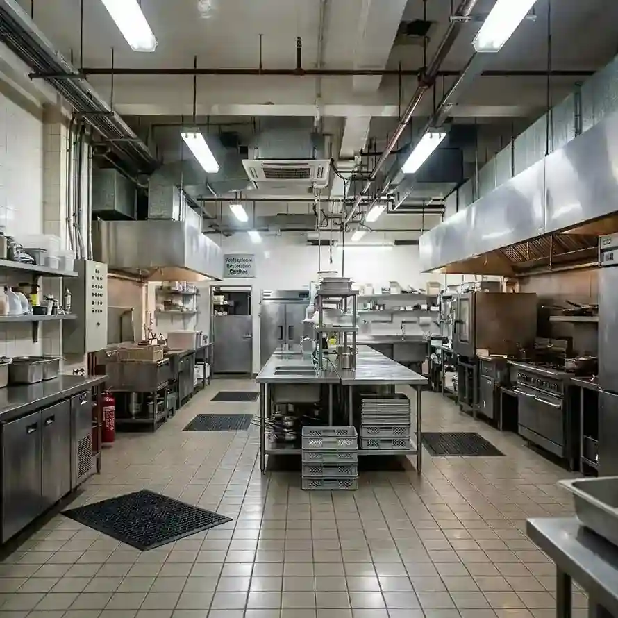 Professional commercial kitchen with stainless steel