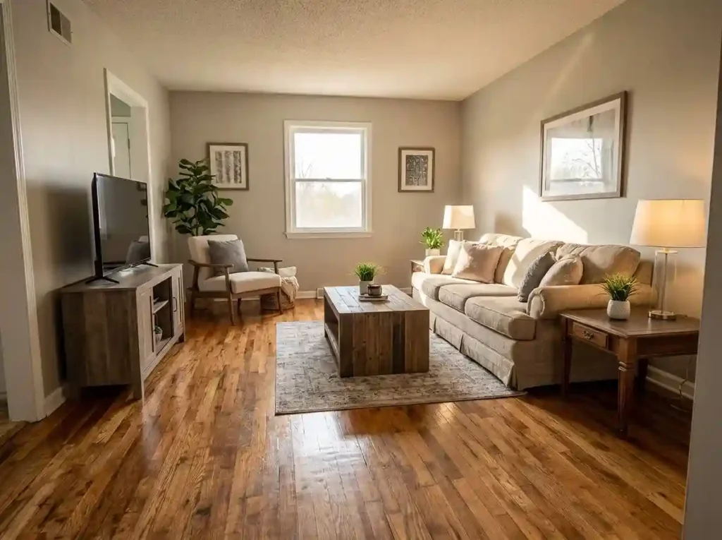 Restored living room after professional water damage restoration and renovation