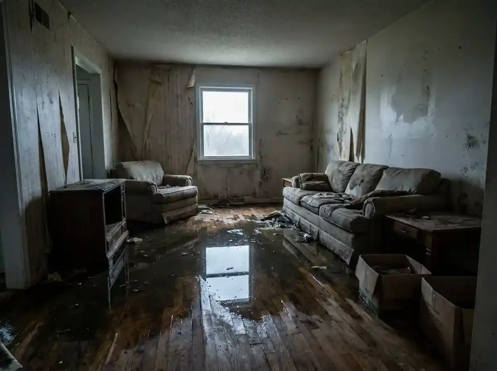 Severe residential water damage with flooded living room