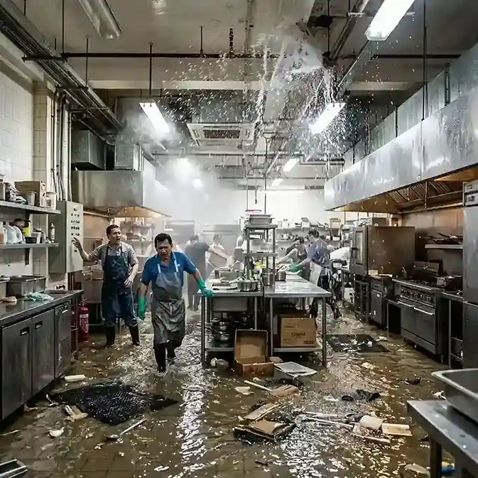 Severely flooded commercial kitchen