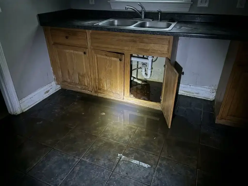 Kitchen area showing water damage discoloration