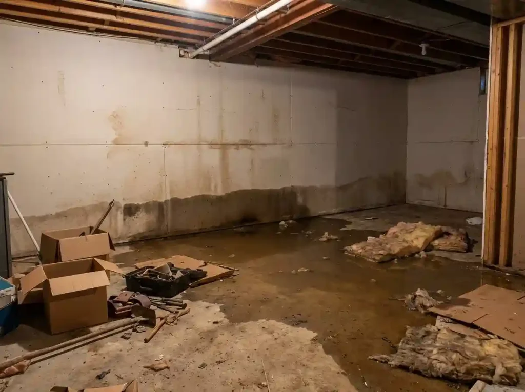 Severe basement water damage with extensive flooding