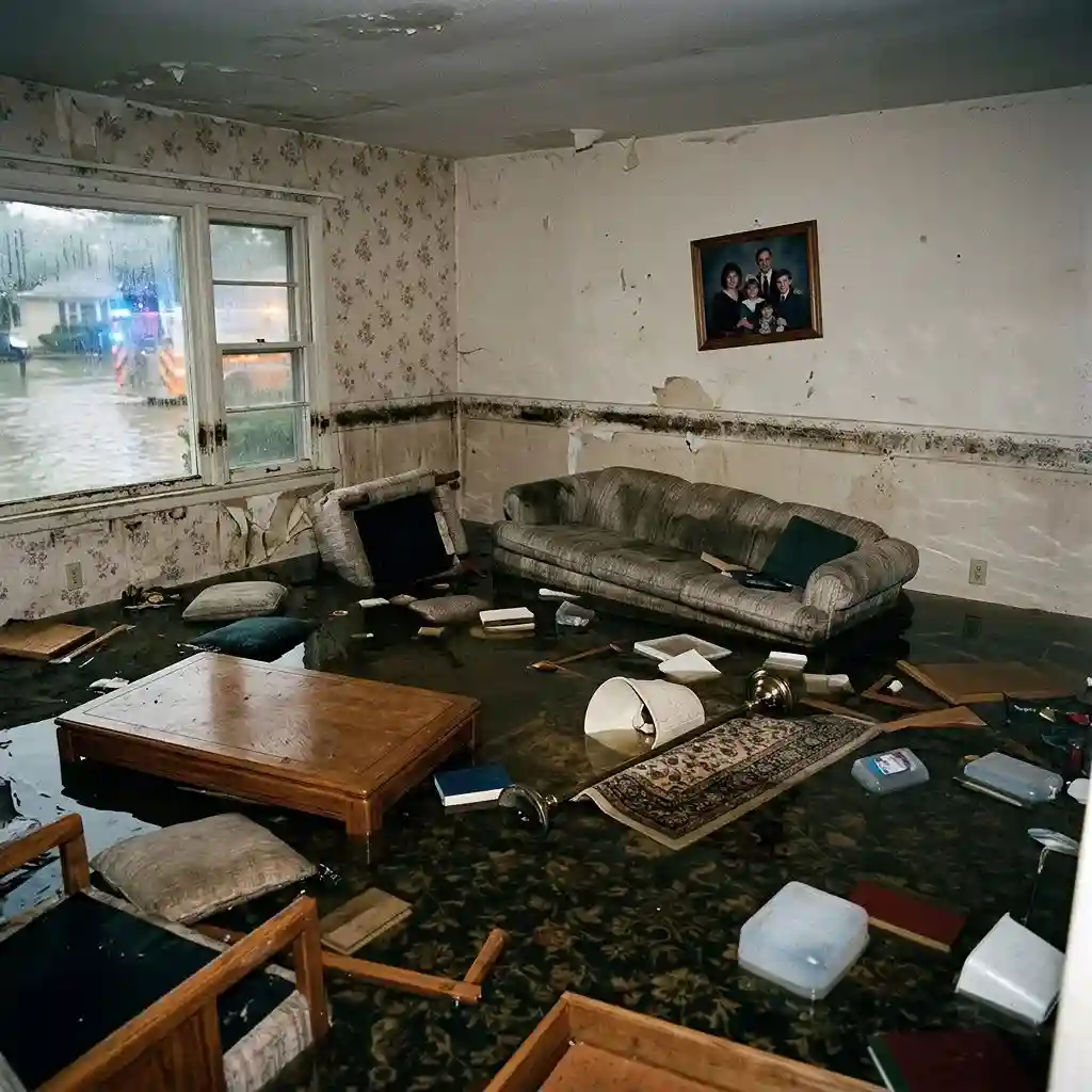 Emergency Water-damaged residential living room