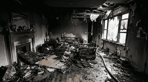 A living room in Everett with heavy soot on walls, charred furniture, and ash debris after a house fire damage