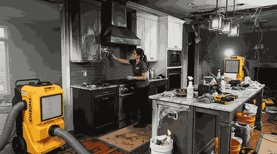 A modern kitchen being restored after fire damage