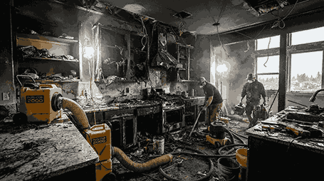 A modern kitchen in Everett devastated by fire damage