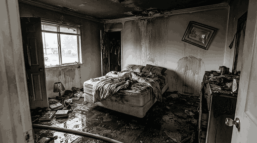 A smoke-damaged bedroom in Everett with grey soot streaks on walls