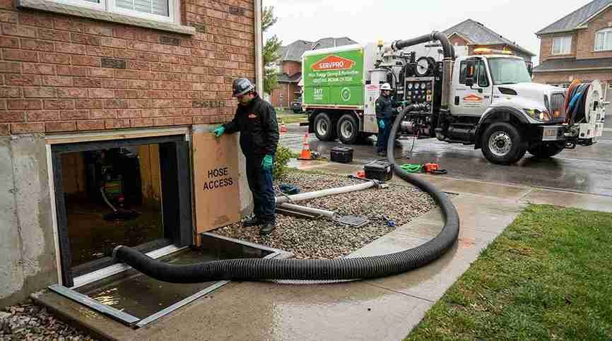 Water damage restoration truck and technicians performing extraction