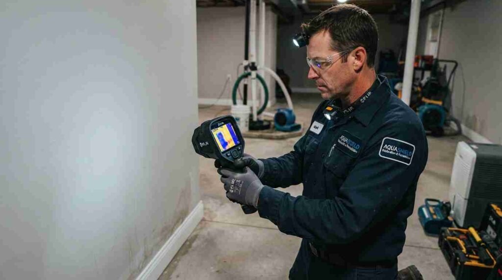 Professional technician inspecting wall for water damage