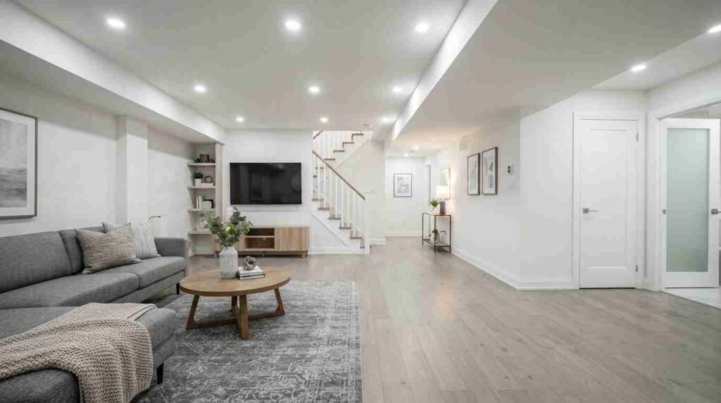 Modern finished basement with living room