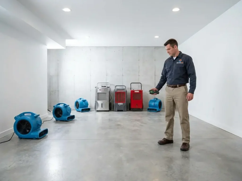 Professional water damage restoration room setup