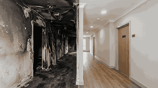 Before and after split of a fire-damaged hallway