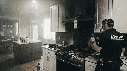 Before and after split of a fire-damaged hallway