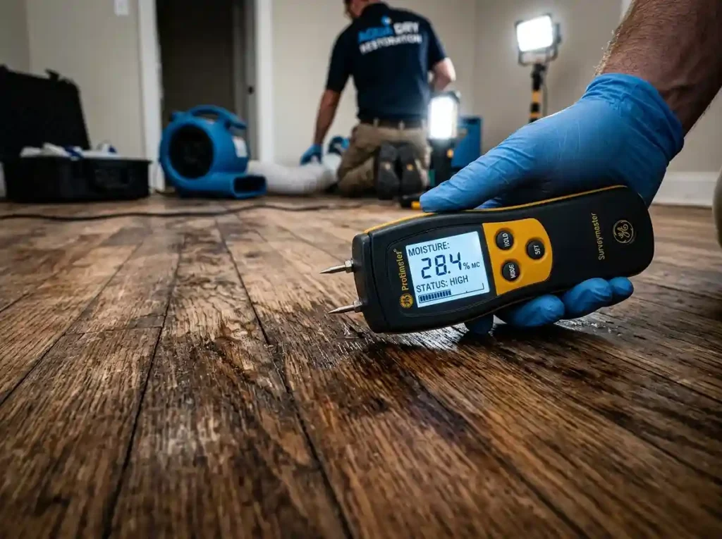 Moisture meter measuring emergency water damage