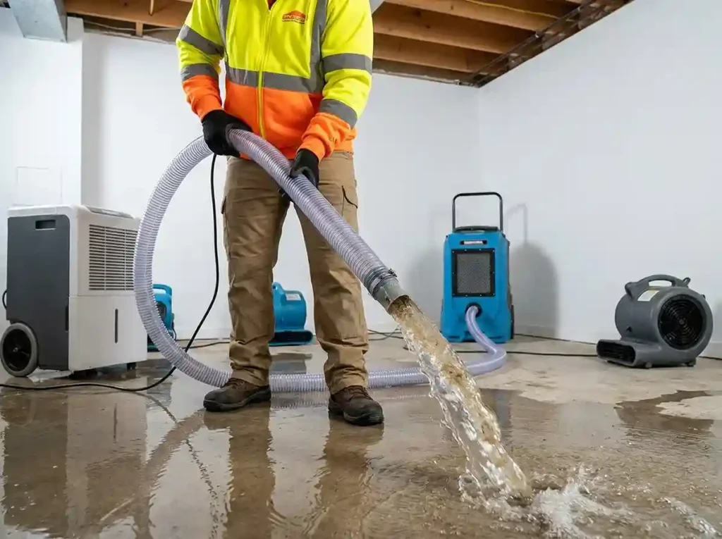 Water damage restoration technician in safety gear extracting