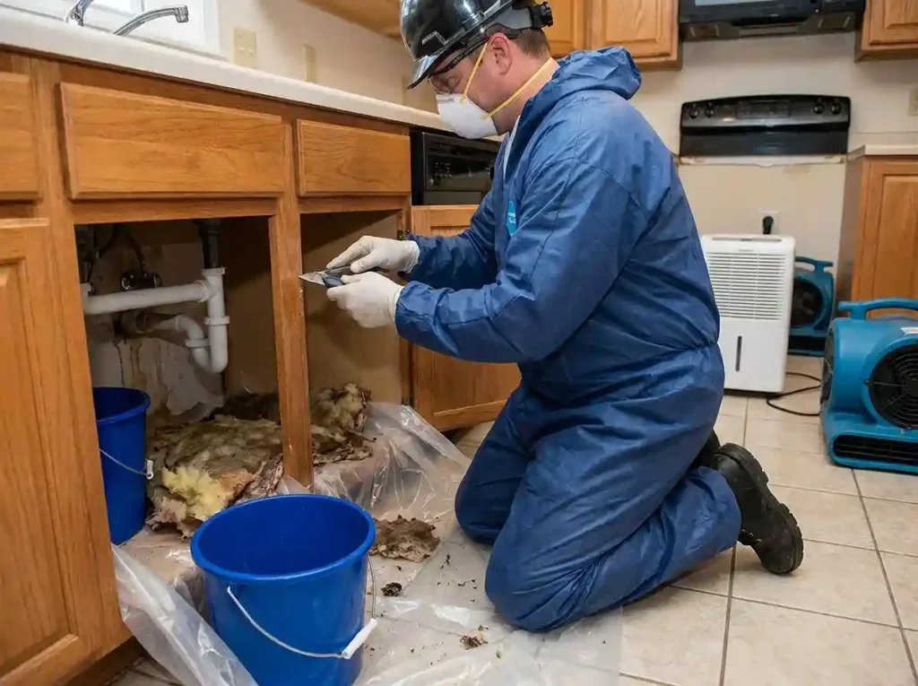 Water damage restoration technician extracting water from under kitchen cabinet