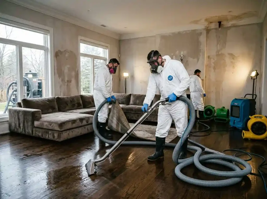 Two emergency water damage restoration technicians