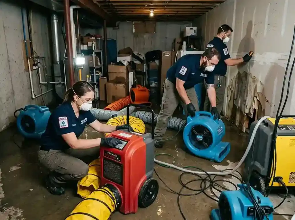 Emergency Water damage restoration team in blue uniforms