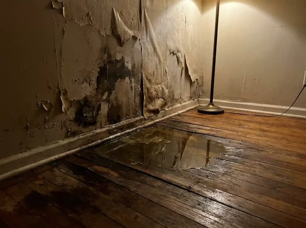 Emergency Water-damaged wall with visible mold growth