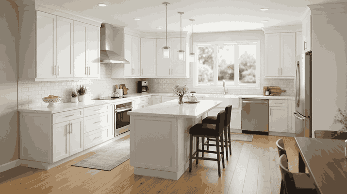 Wide shot of a modern kitchen after professional fire damage restoration