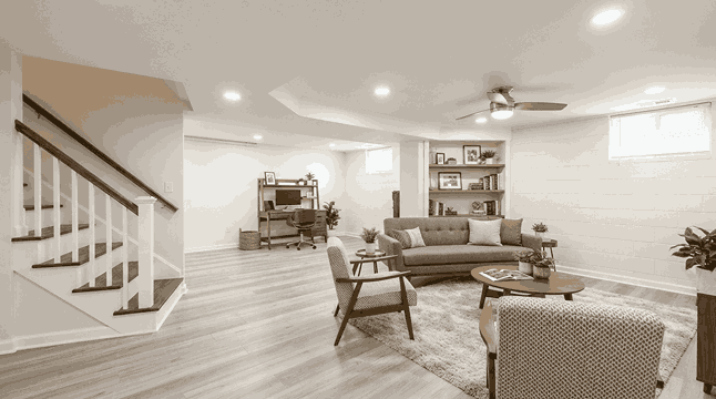 Luxury finished basement with modern furnishings