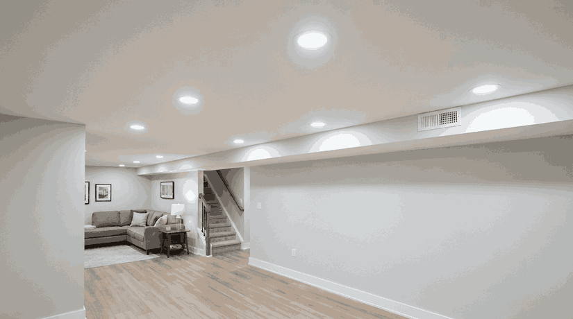Modern finished basement with recessed lighting