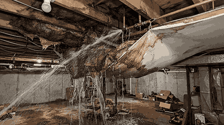 Severe structural water damage displaying deteriorated ceiling materials