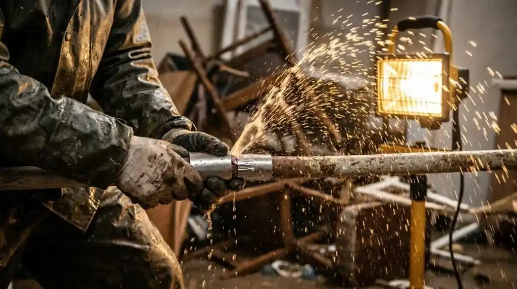 technician's gloved hands on water damage pipe