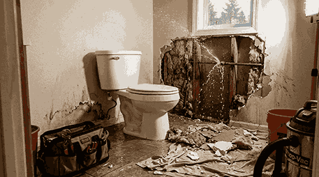 A bathroom in Everett, WA with a burst pipe spraying water