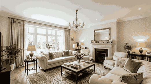 A cozy living room with a white ceiling, elegant wallpaper after burst water damage repairing