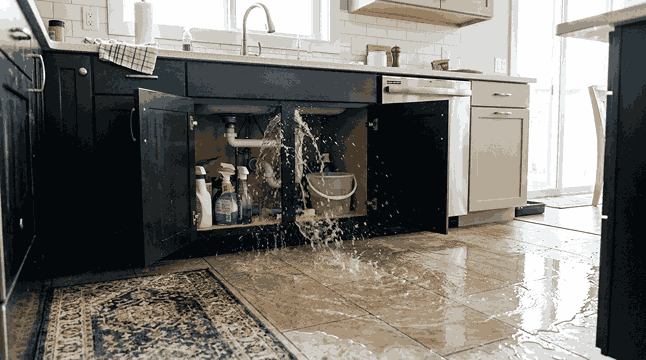 A sudden burst water damage under a kitchen sink