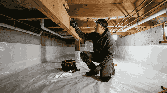A technician inspecting a recently mold removal crawlspace in Everett using a moisture meter
