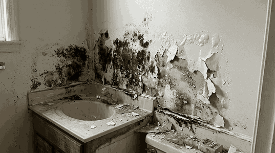 Before mold removal A bathroom wall covered in green and black mold behind a vanity