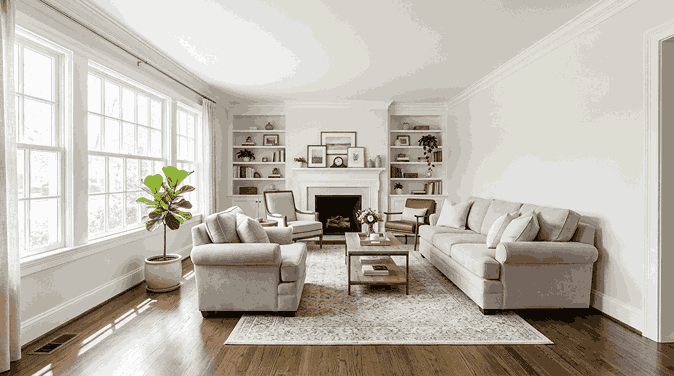 The exact same living room after burst water damage repairing