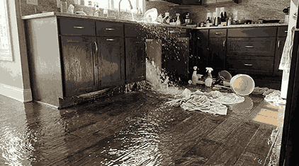 burst water damage before repairing in Kitchen